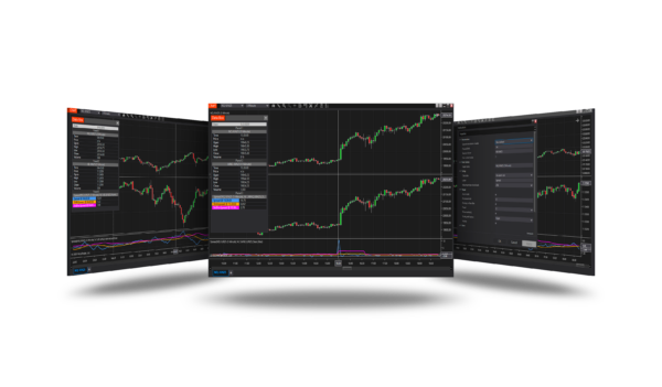 Three side-by-side NinjaTrader 8 chart windows showcasing a custom spread indicator with multi-instrument data, including Data Box details, indicator values (Spread, SMASpread, StdDevSpread), and parameter configuration settings in the middle window.